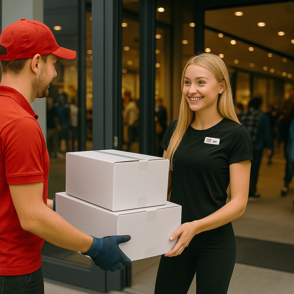 Kvinna tar emot kartonger från ett bud med trycksaker utanför en butikslokal