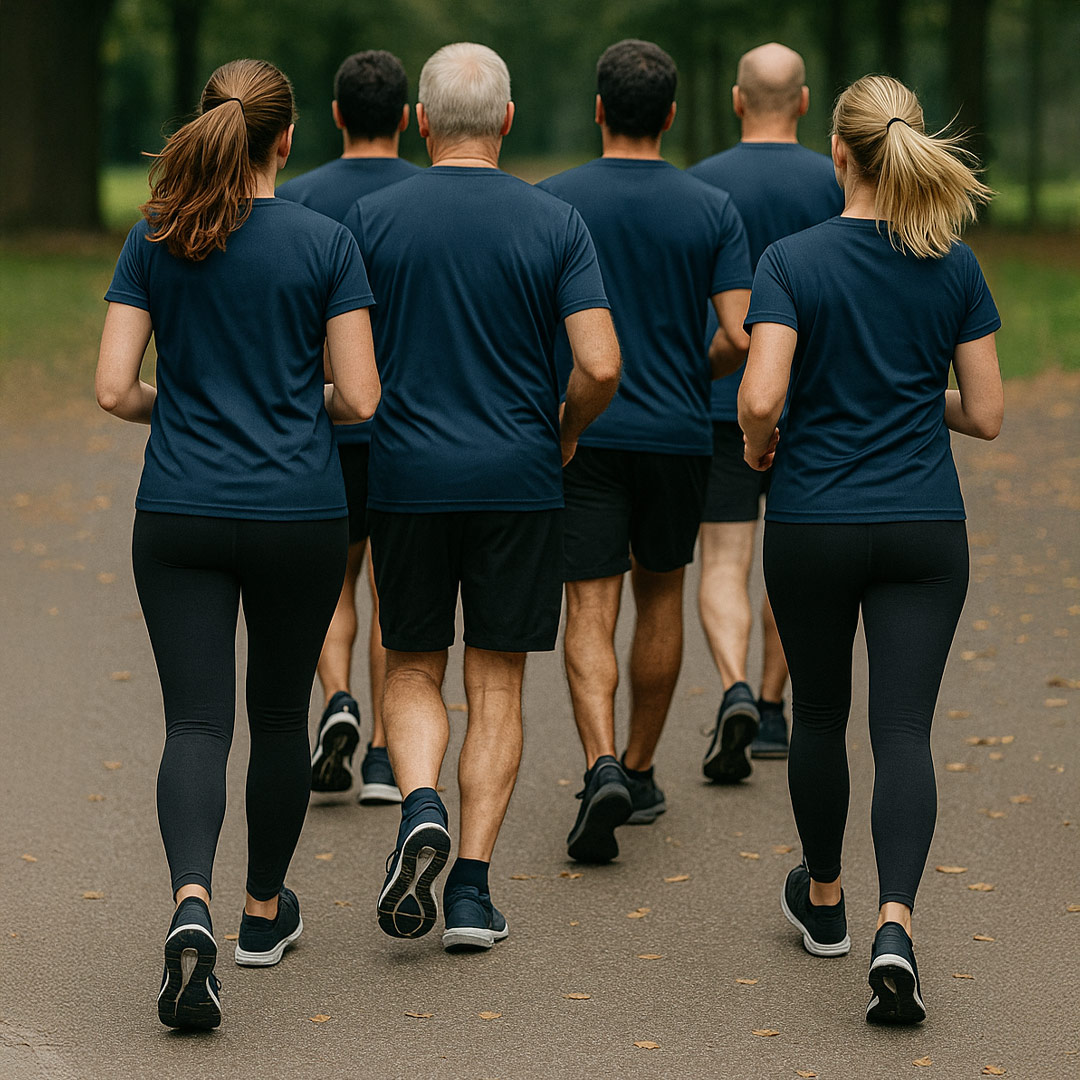 Kollegor joggar tillsammans. Alla bär matchande mörkblå kläder.