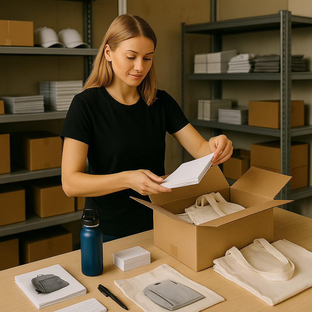 Kvinna som packar upp marknadsmaterial – trycksaker, tygpåsar och profilprodukter på ett arbetsbord.