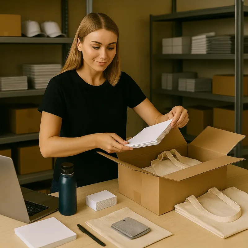 Kvinna som packar upp marknadsmaterial – trycksaker, tygpåsar och profilprodukter på ett arbetsbord.