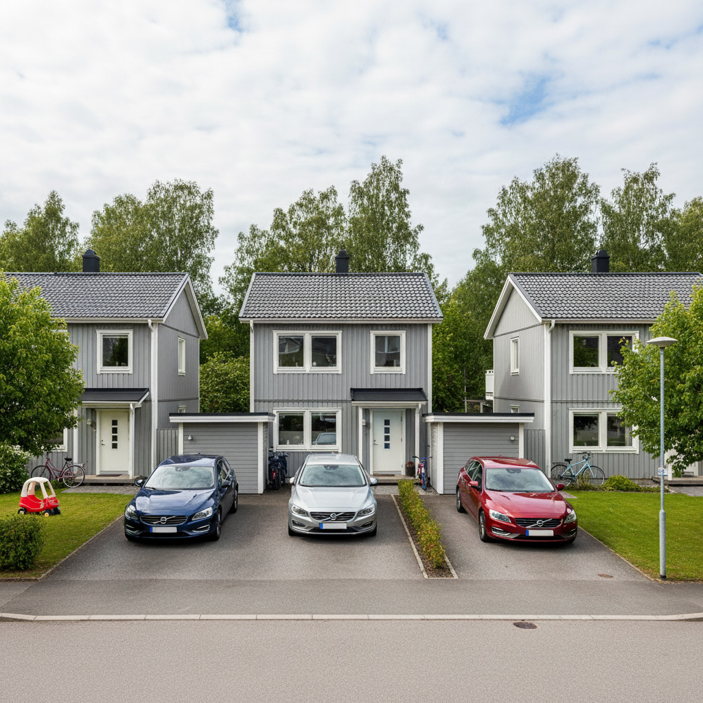 Tre hus bredvid varandra i ett svenskt villaområde med snarlika bilar – illustration av tvillinganalys och hur man hittar liknande kunder.