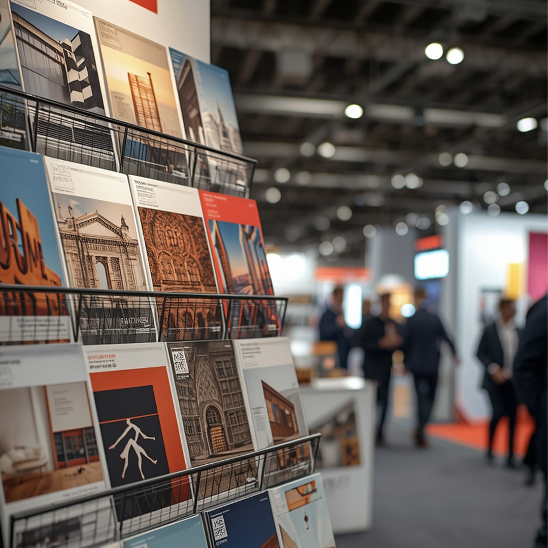 broschyrställ med tryckta foldrar och broschyrer på mässa