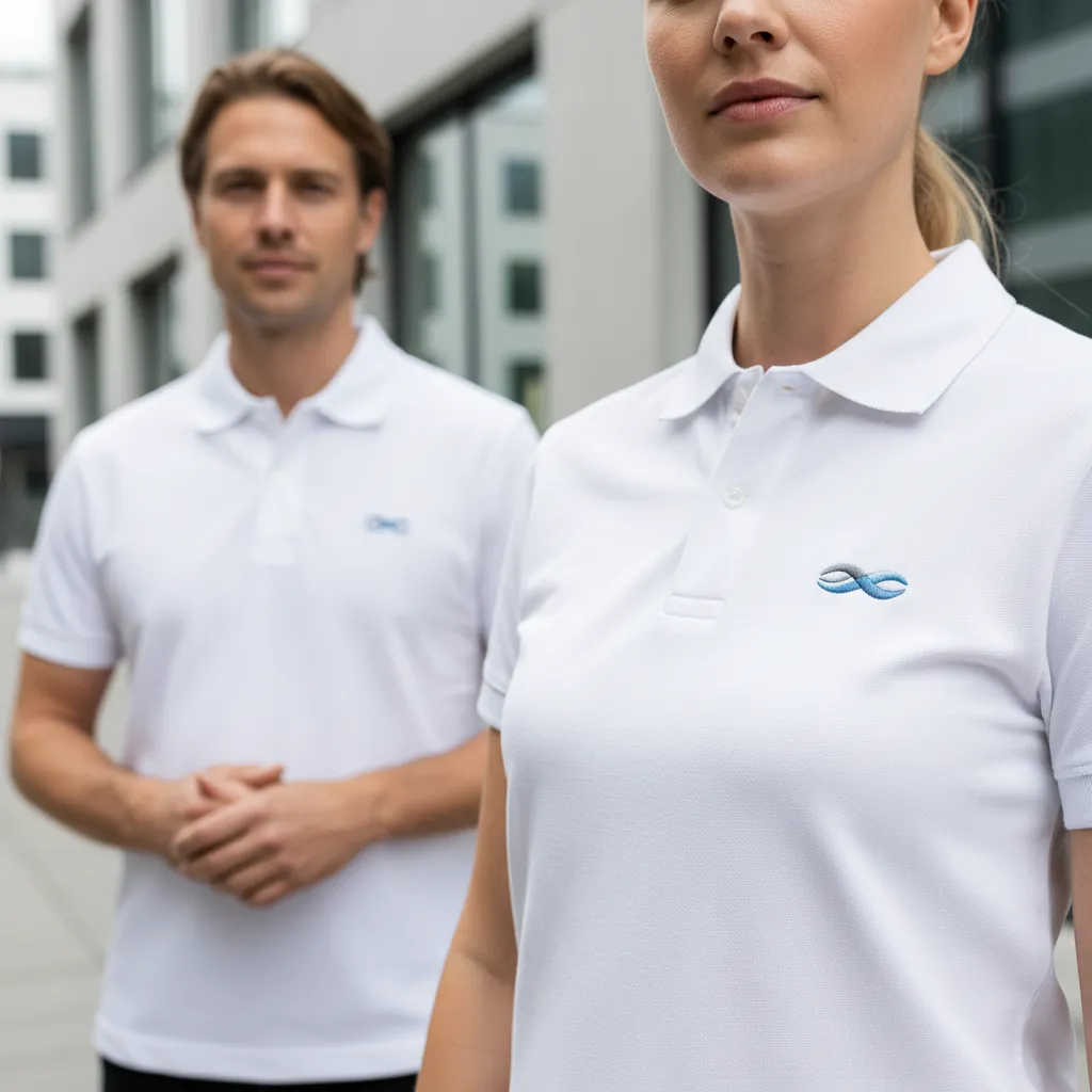 Två personer står utomhus sida vid sida, fotograferade från hals till midja, klädda i matchande gula profilpikétröjor med en broderad logotyp på vänster bröst.