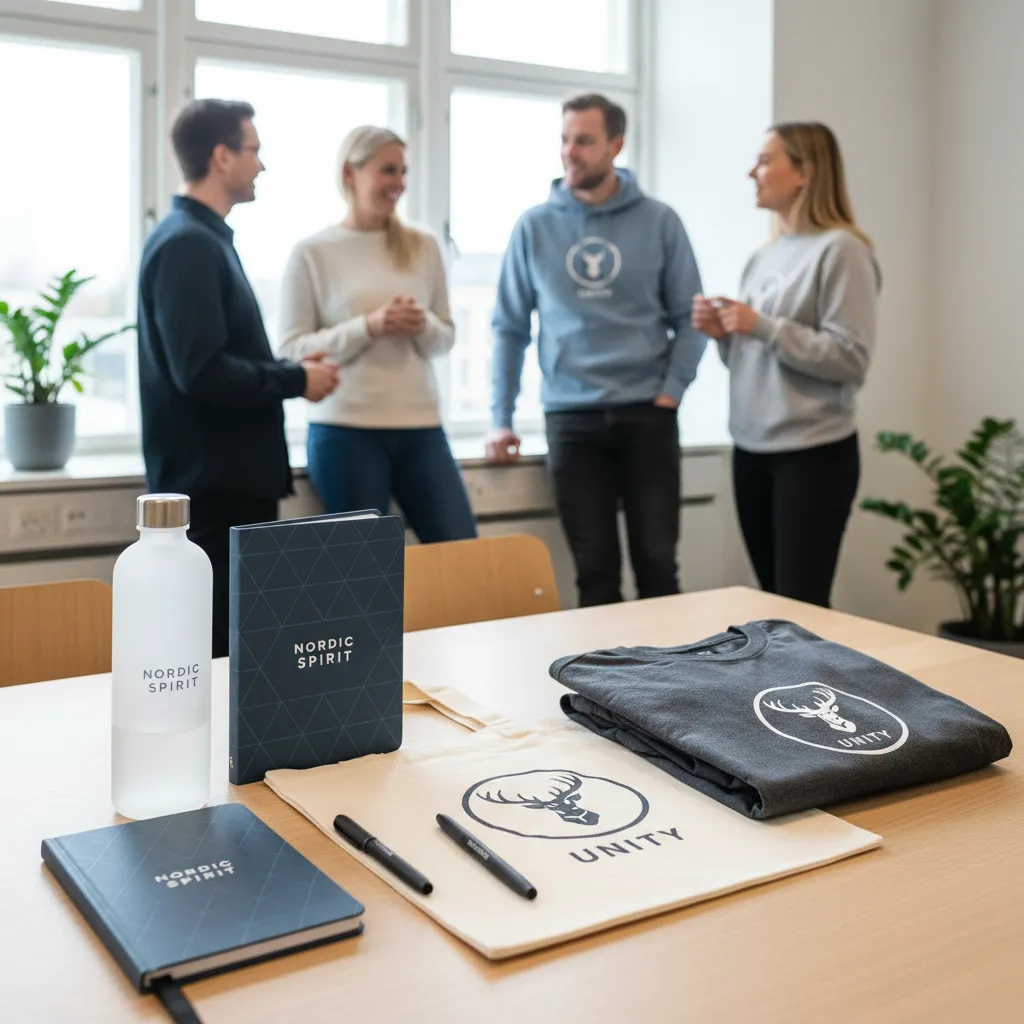 Profilprodukter uppdukade på bord i ett svenskt kontor – vattenflaska, anteckningsbok, penna, tygpåse samt vikt hoodie och t-shirt med logotyp i fokus, medan kollegor samtalar i bakgrunden i naturligt dagsljus.