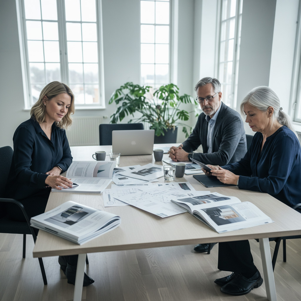 Affärsmöte där tryckt dokumentation och digital presentation används parallellt.
