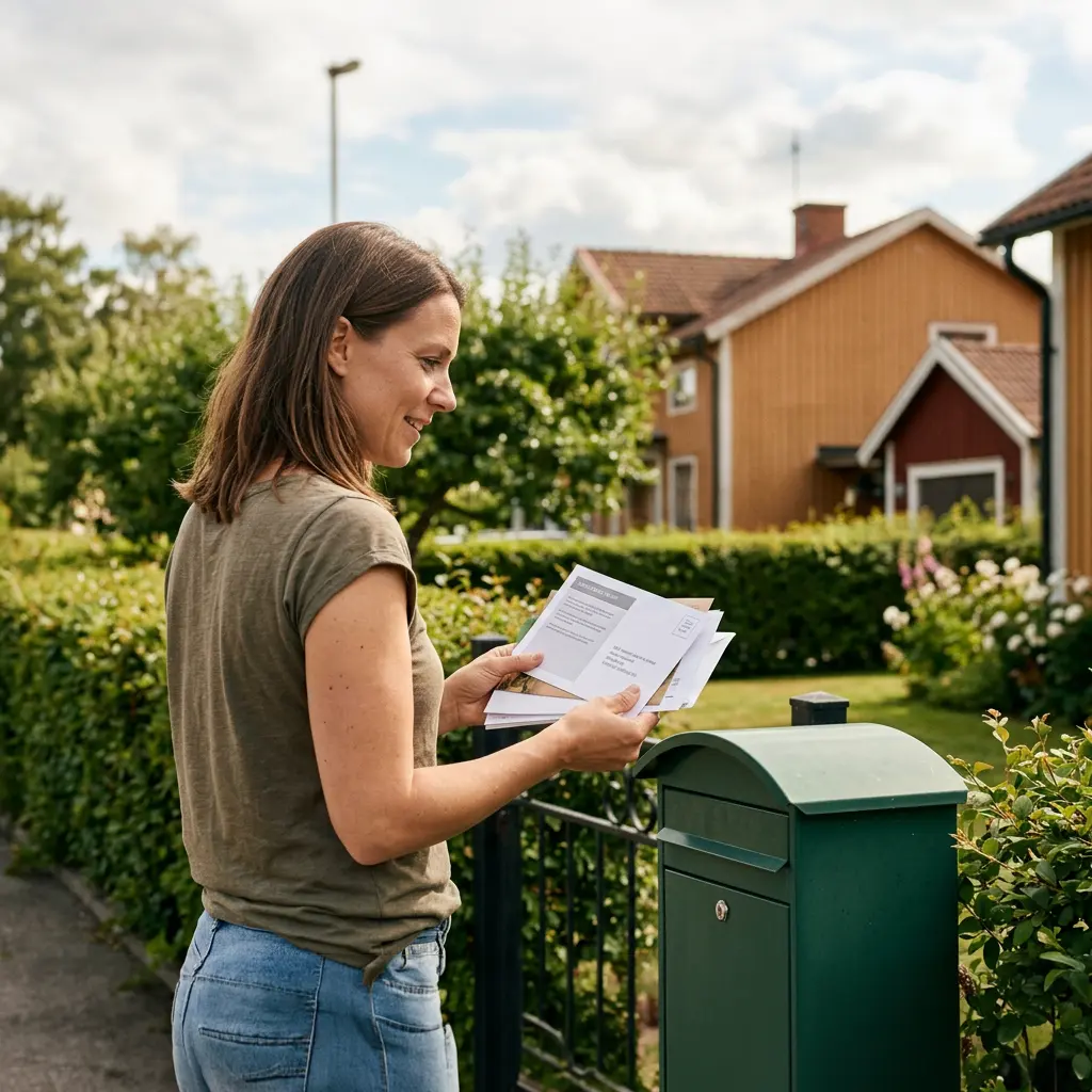 Kvinna tar upp ett adresserat direktreklamutskick ur sin brevlåda i ett vanligt svenskt villaområde
