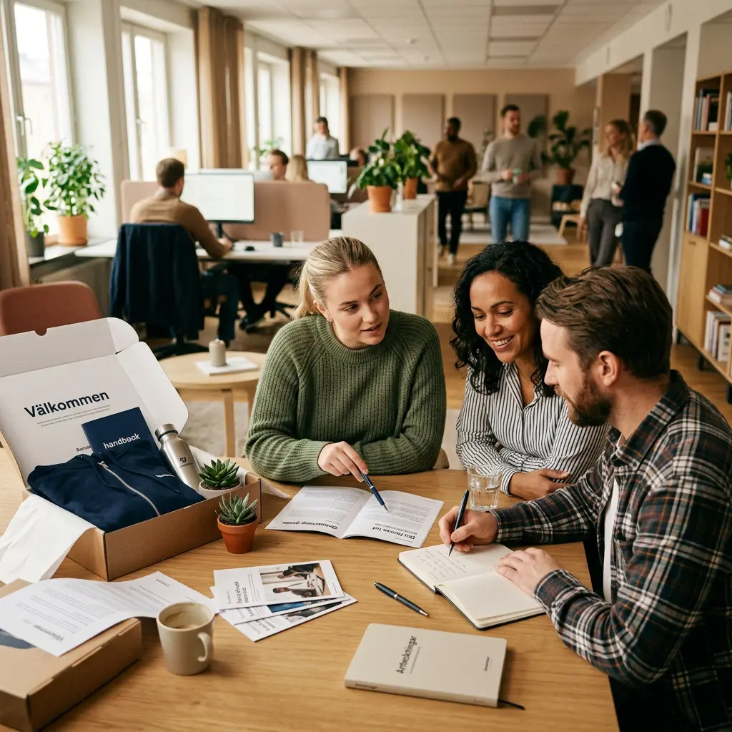 Tre kollegor sitter vid ett bord i ett modernt svenskt kontor och går igenom tryckt onboardingmaterial tillsammans. En öppen välkomstbox med profilprodukter och dokument ligger på bordet medan en person skriver i ett anteckningsblock och de andra följer innehållet i en tryckt guide.