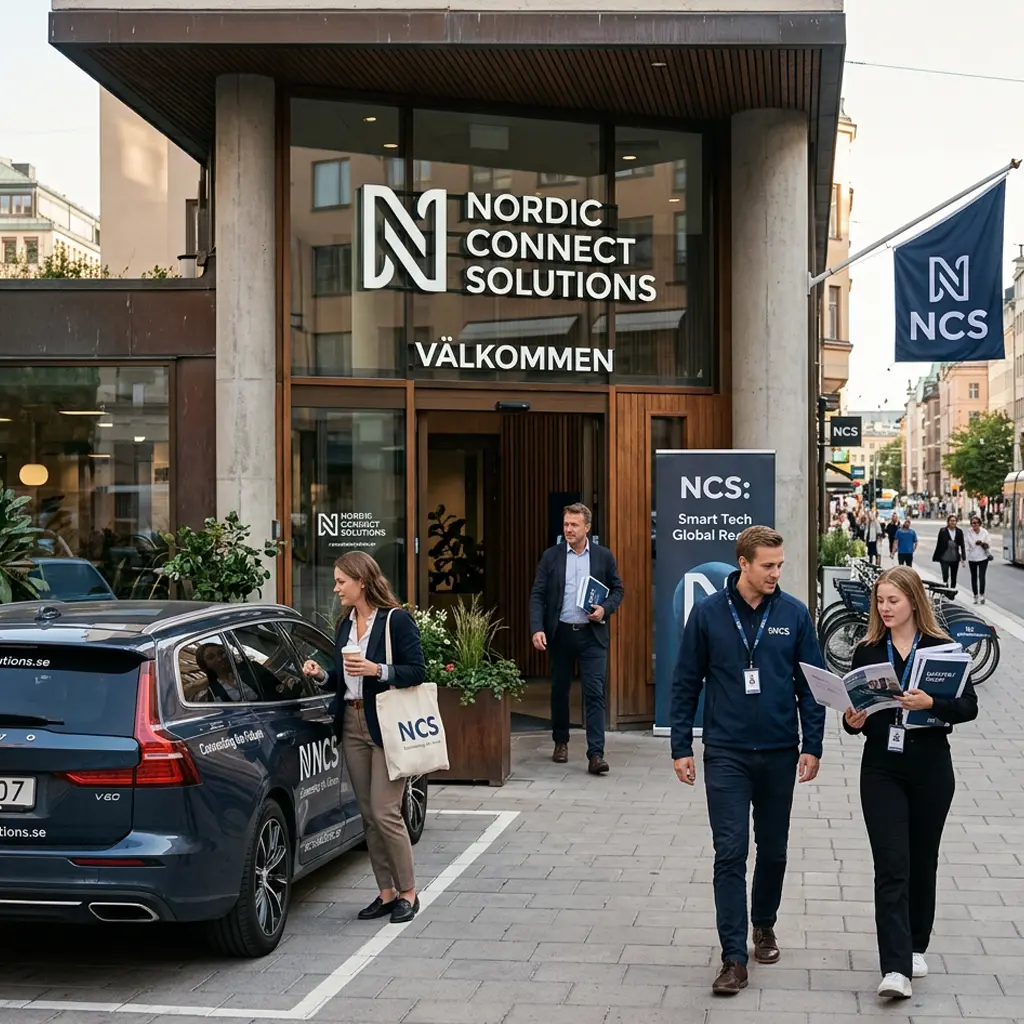 Tre personer i företagskläder rör sig utanför en modern kontorsentré med tydlig skyltning och flaggor. En bil med bildekor står parkerad bredvid, medan två personer går och läser tryckt material och en tredje kliver ut ur byggnaden. Miljön visar flera delar av företagets visuella profil samlat i en verklig vardagssituation.