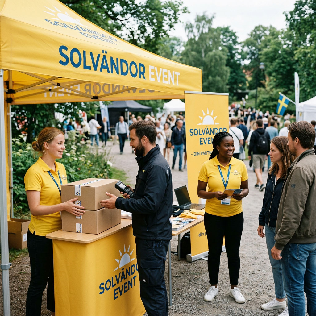 Leverans från Infoservice. Kunden har beställt trycksaker och eventmaterial från sin egen shop direkt till sitt event någonstans i Sverige.