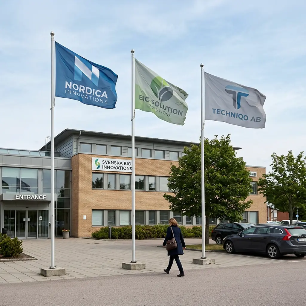 Tre företagsflaggor i rätt proportion och professionell kvalitet vajar på höga flaggstänger utanför ett svenskt kontor. Flaggorna visar tydlig, funktionell företagsprofilering i verklig användningsmiljö, med naturlig rörelse och god synlighet från entrén där en person är på väg in.
