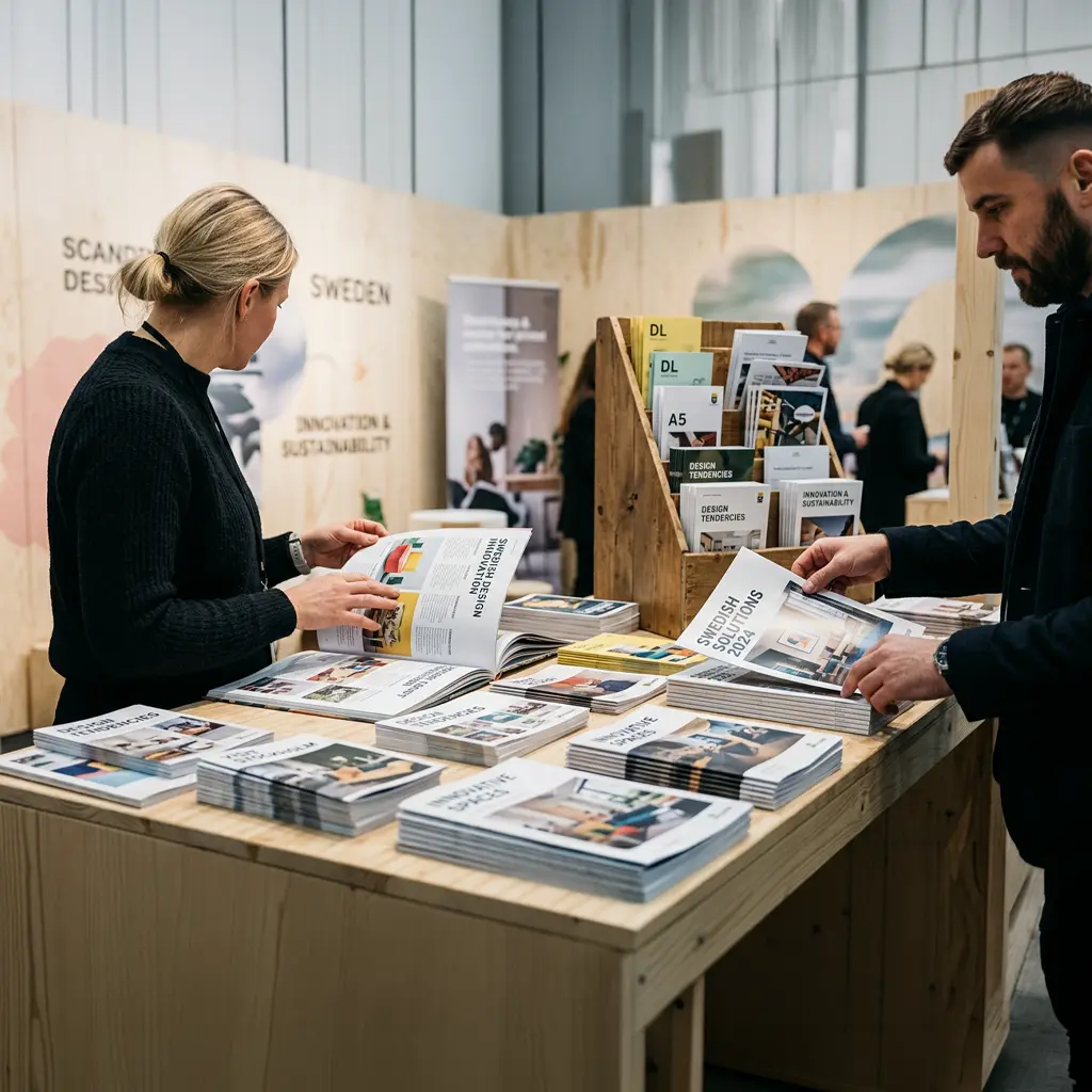 Personer vid en mässmonter bläddrar i kataloger och plockar flyers från ett bord och ett broschyrställ, med flera olika trycksaker i tydlig användning.