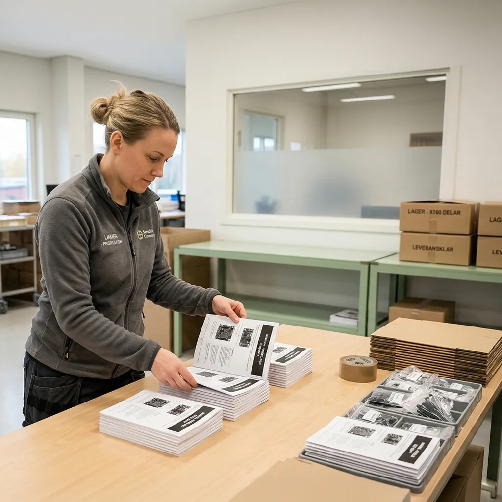 Person i ren produktionsmiljö sorterar och kontrollerar nytryckta svartvita manualer i små, ordnade staplar på ett arbetsbord, redo för packning och leverans.